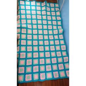 Vintage Wool Small Blanket Popcorn Stitch Knitted Size 50 × 34 Blue Green Pink